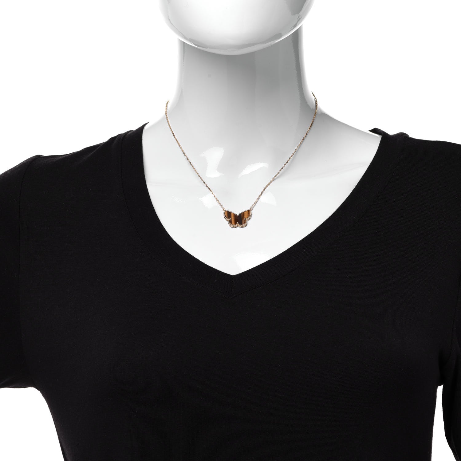 Van Cleef & Arpels 18K Yellow Gold Tiger Eye Lucky Alhambra Butterfly Pendant Necklace 2 of 6