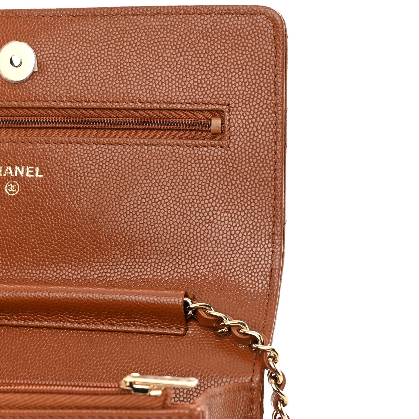Shiny Caviar Quilted Strass Wallet On Chain WOC Light Brown