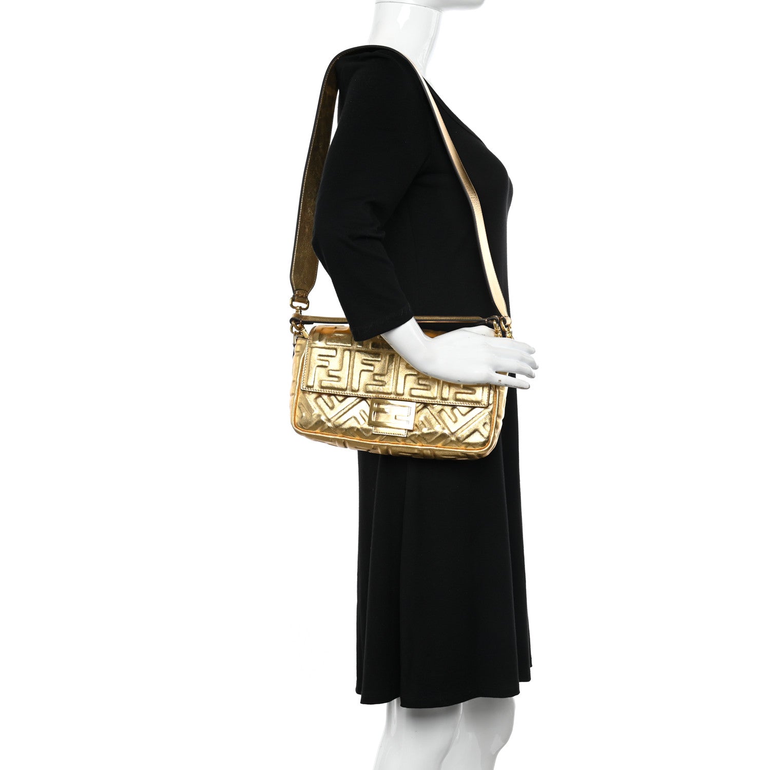 Fendi Vitello Catalan Mirror FF 1974 Embossed Baguette Gold 2 of 9