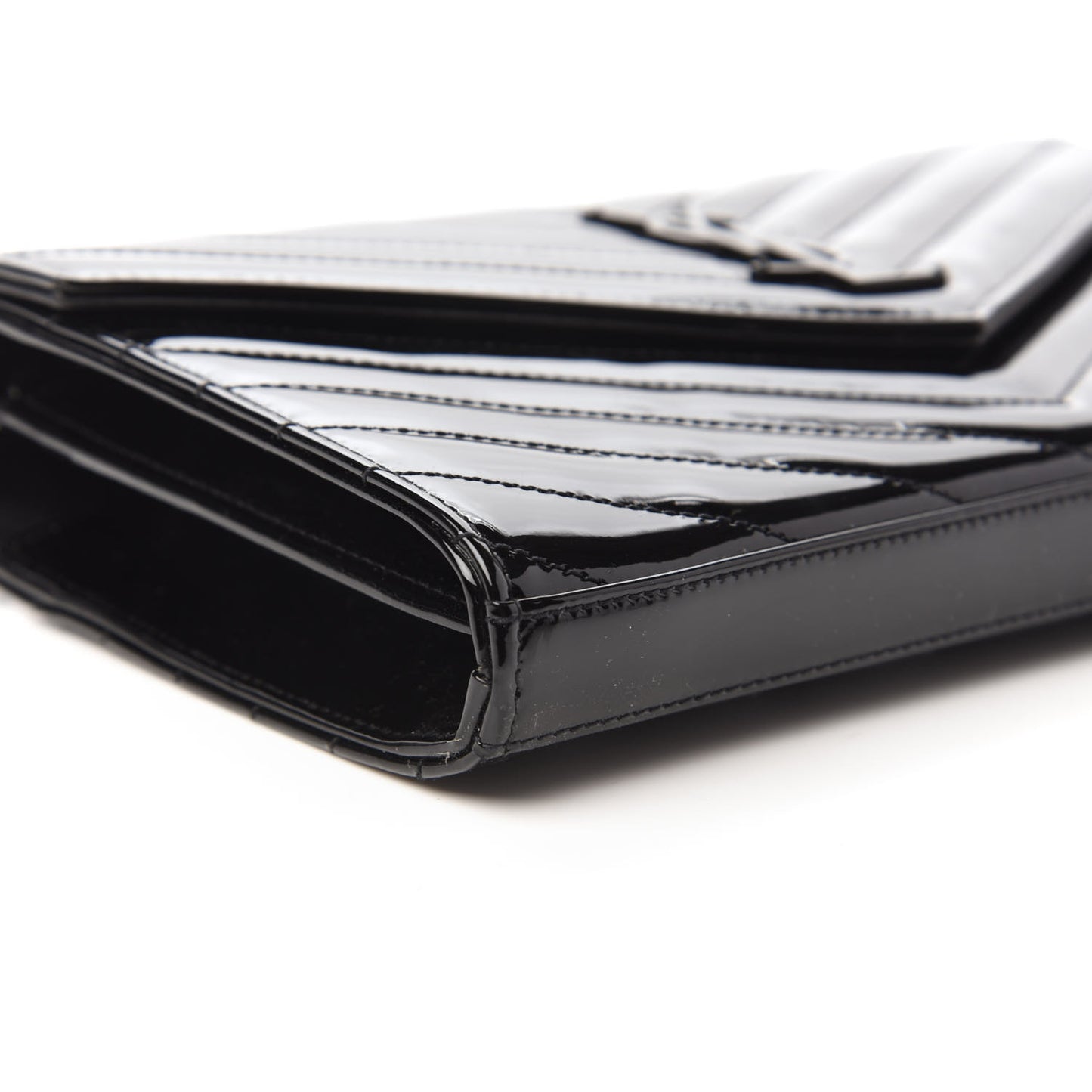 Patent Matelasse Chevron Monogram Chain Wallet Black