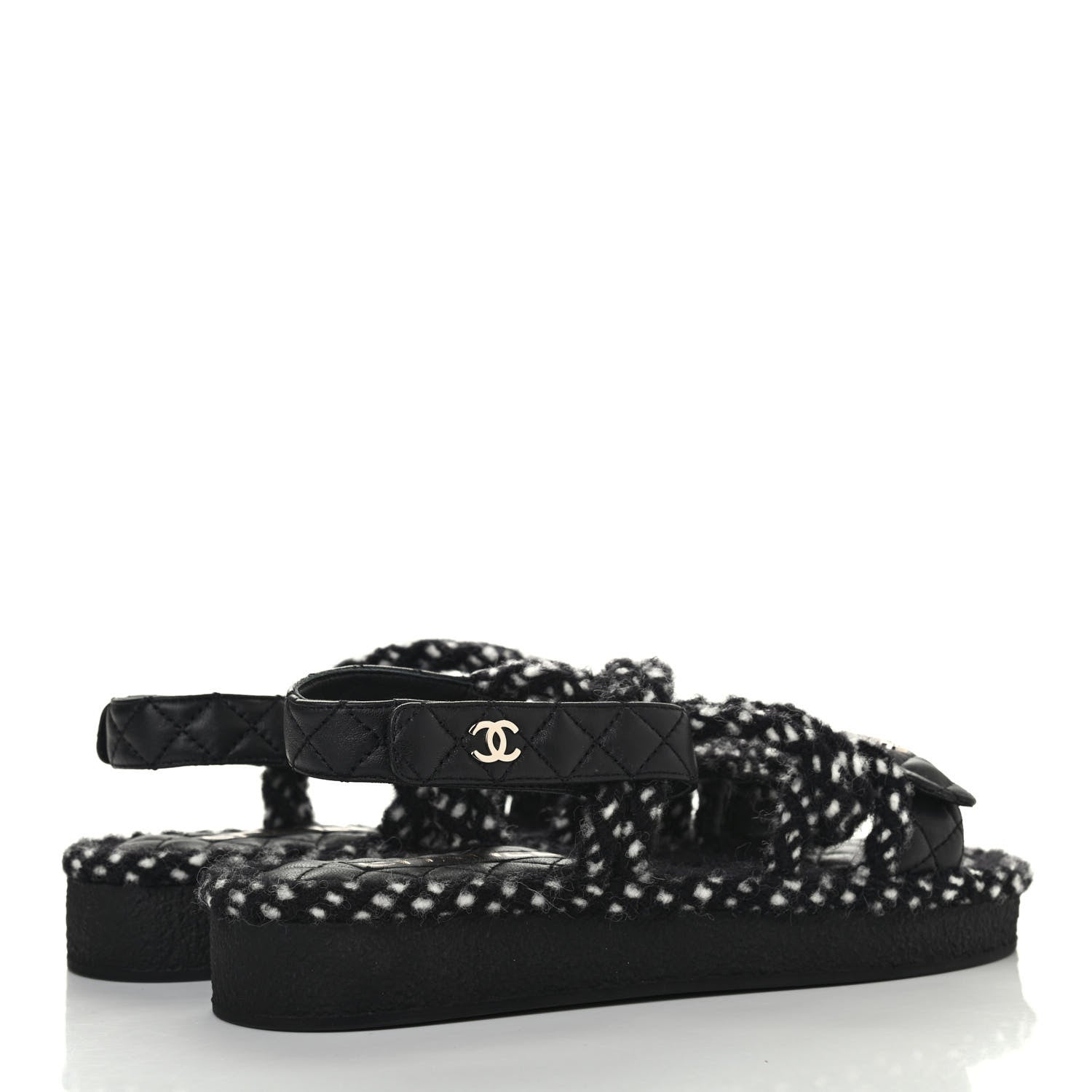 Chanel Cord Lambskin Quilted Logo Sandals 38 Black White 3 of 4