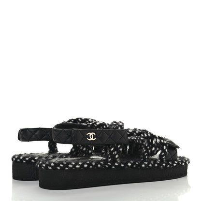 Chanel Cord Lambskin Quilted Logo Sandals 38 Black White 3 of 4