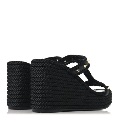 Valentino Garavani Calfskin Rockstud Torchon Espadrille Caged 25/95mm Wedge Sandals 39 Black 5 of 7