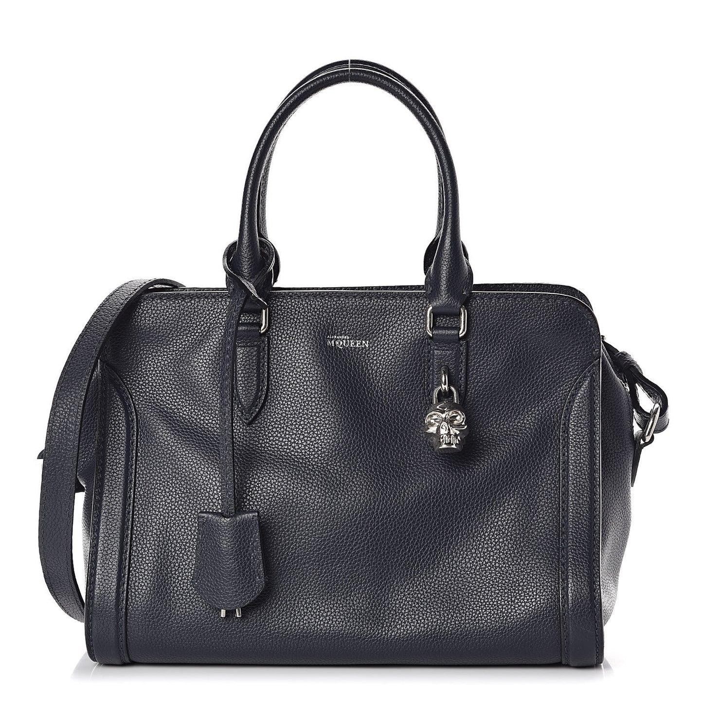 Pebbled Calfskin Small Skull Padlock Zip Around Tote Navy
