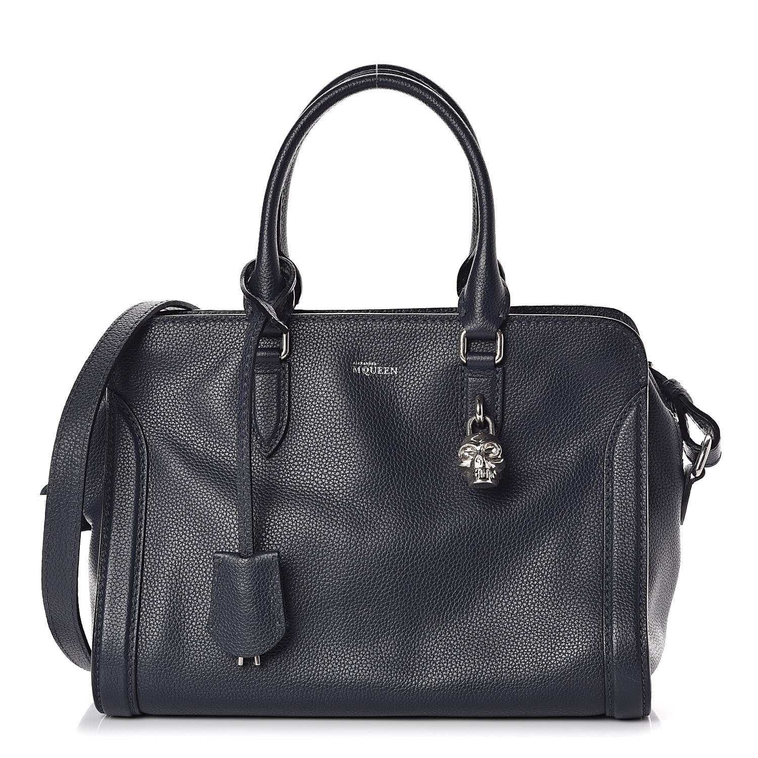 Alexander McQueen Pebbled Calfskin Small Skull Padlock Zip Around Tote Navy 1 of 11