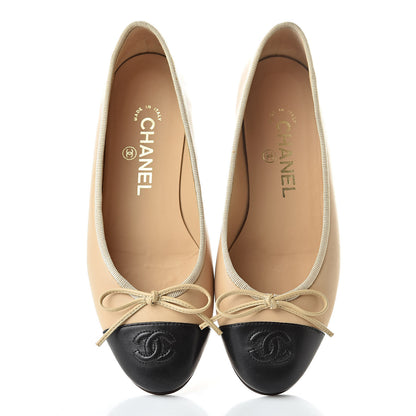 Chanel Lambskin Cap Toe CC Ballerina Flats 36 Beige Black 7 of 18
