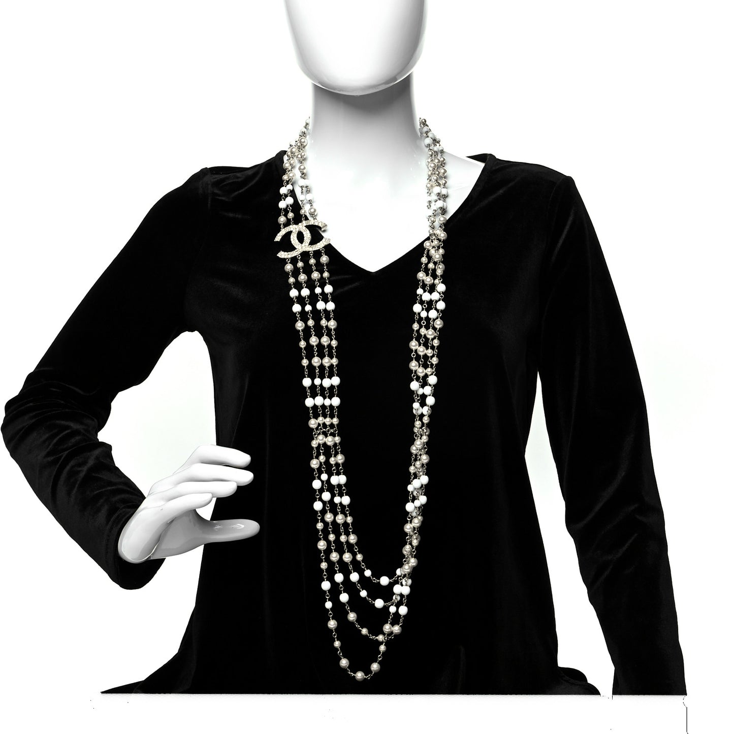 Bead CC Multi Strand Long Necklace Silver White