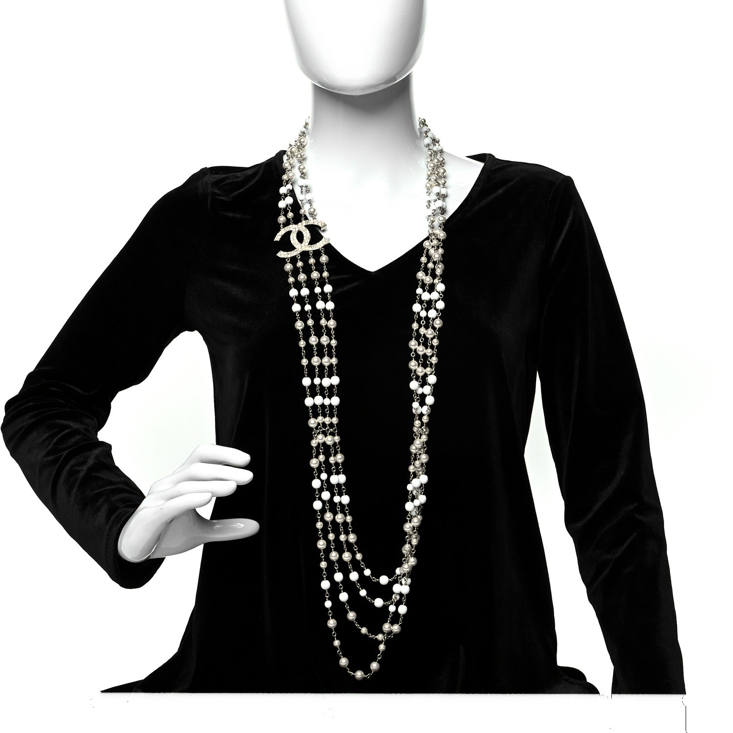 Chanel Bead CC Multi Strand Long Necklace Silver White 2 of 6