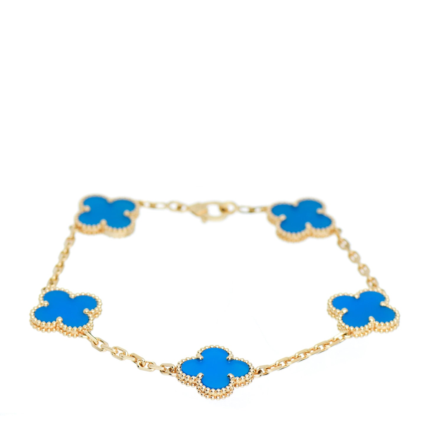18K Yellow Gold Blue Agate 5 Motifs Vintage Alhambra Bracelet