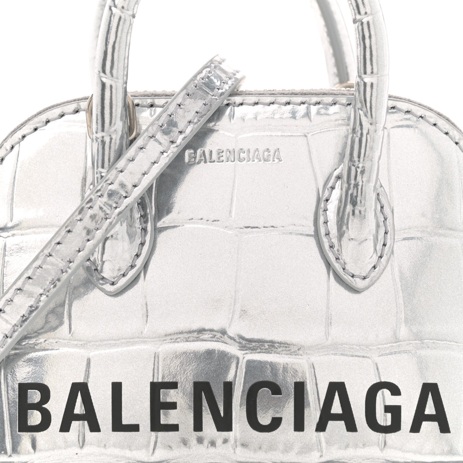 Balenciaga Metallic Calfskin Logo Crocodile Embossed Mini Ville Top Handle Bag Silver Black 8 of 11