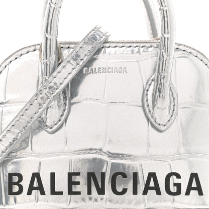 Balenciaga Metallic Calfskin Logo Crocodile Embossed Mini Ville Top Handle Bag Silver Black 8 of 11