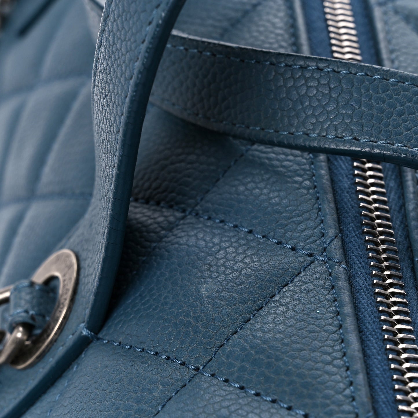 Grained Calfskin Quilted Large Casual Pocket Bowling Bag Blue