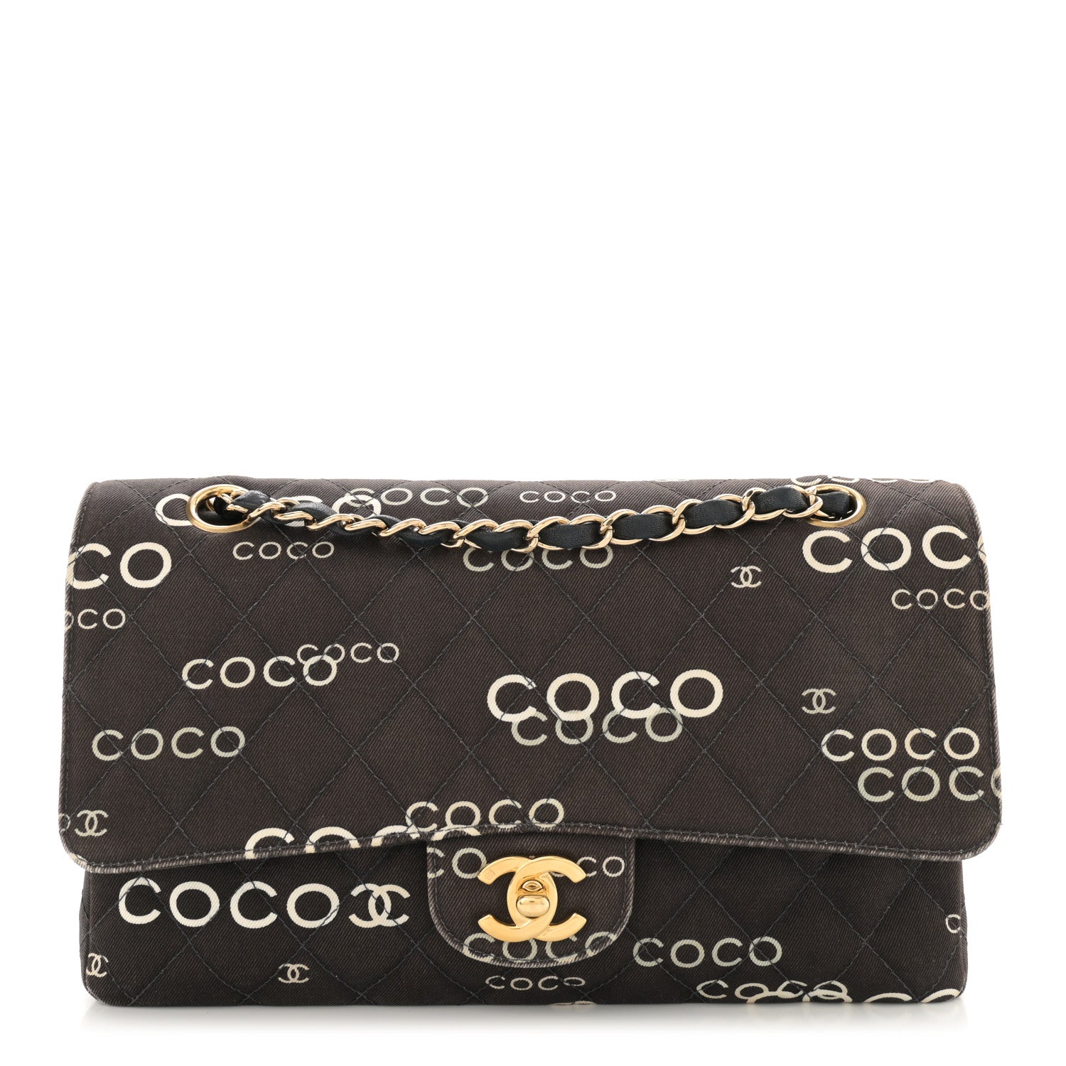 Chanel Canvas Coco Printed Quilted Medium Double Flap Black White 1 of 14