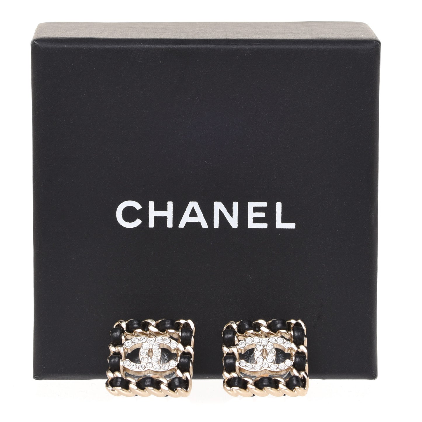 Crystal Lambskin Chain Sergeant Chanel Stud Earrings Black Gold