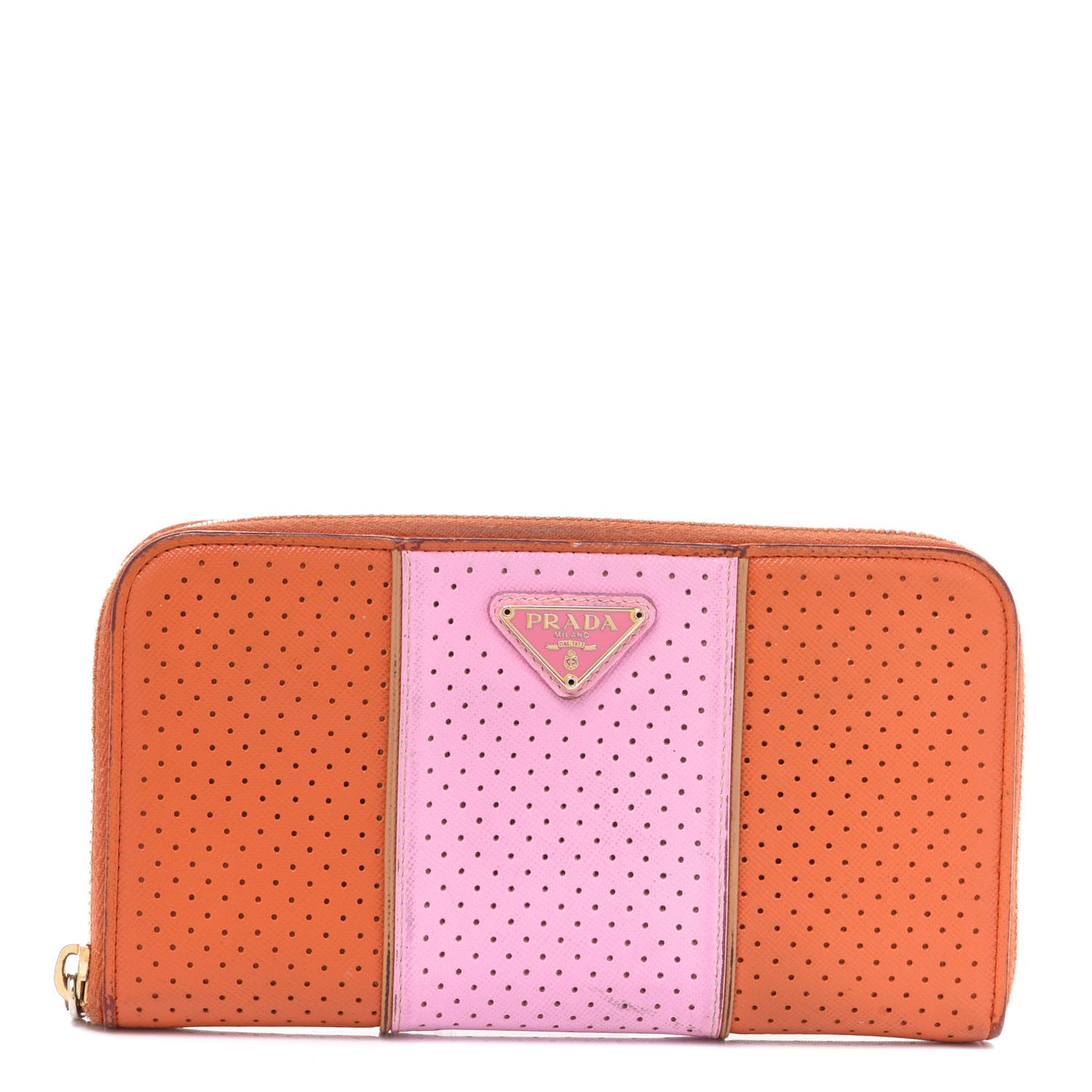 Saffiano Perforated Striped Zip Around Wallet Papaya Caramel