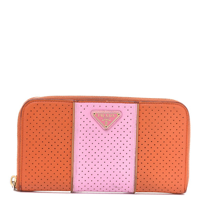 Prada Saffiano Perforated Striped Zip Around Wallet Papaya Caramel 1 of 15