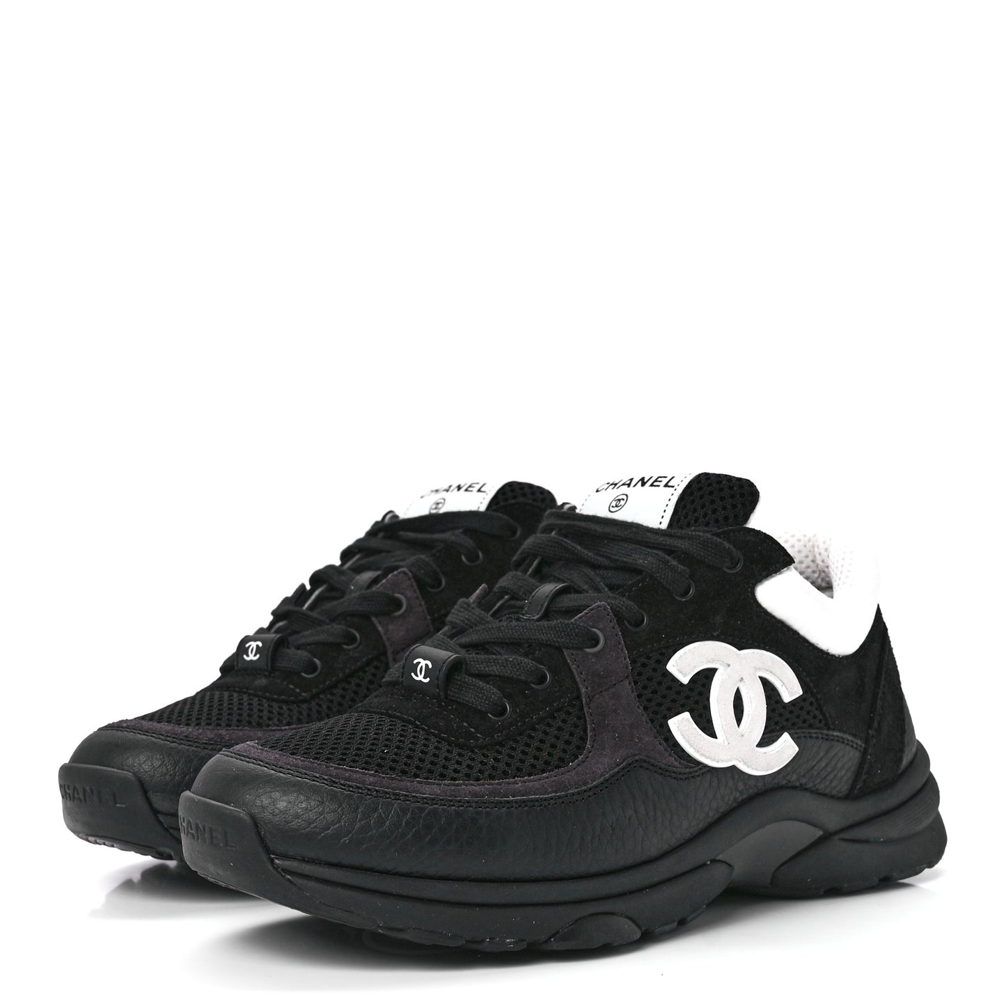 Mesh Suede Grained Calfskin Womens CC Sneakers 38 Black White