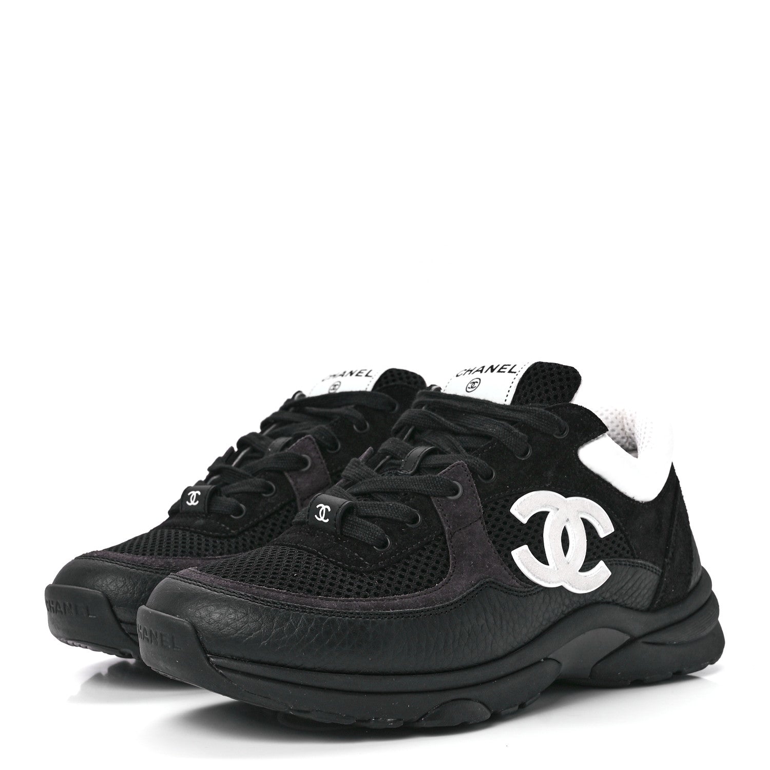 Chanel Mesh Suede Grained Calfskin Womens CC Sneakers 38 Black White 3 of 9