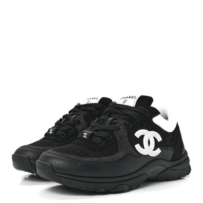 Chanel Mesh Suede Grained Calfskin Womens CC Sneakers 38 Black White 3 of 9