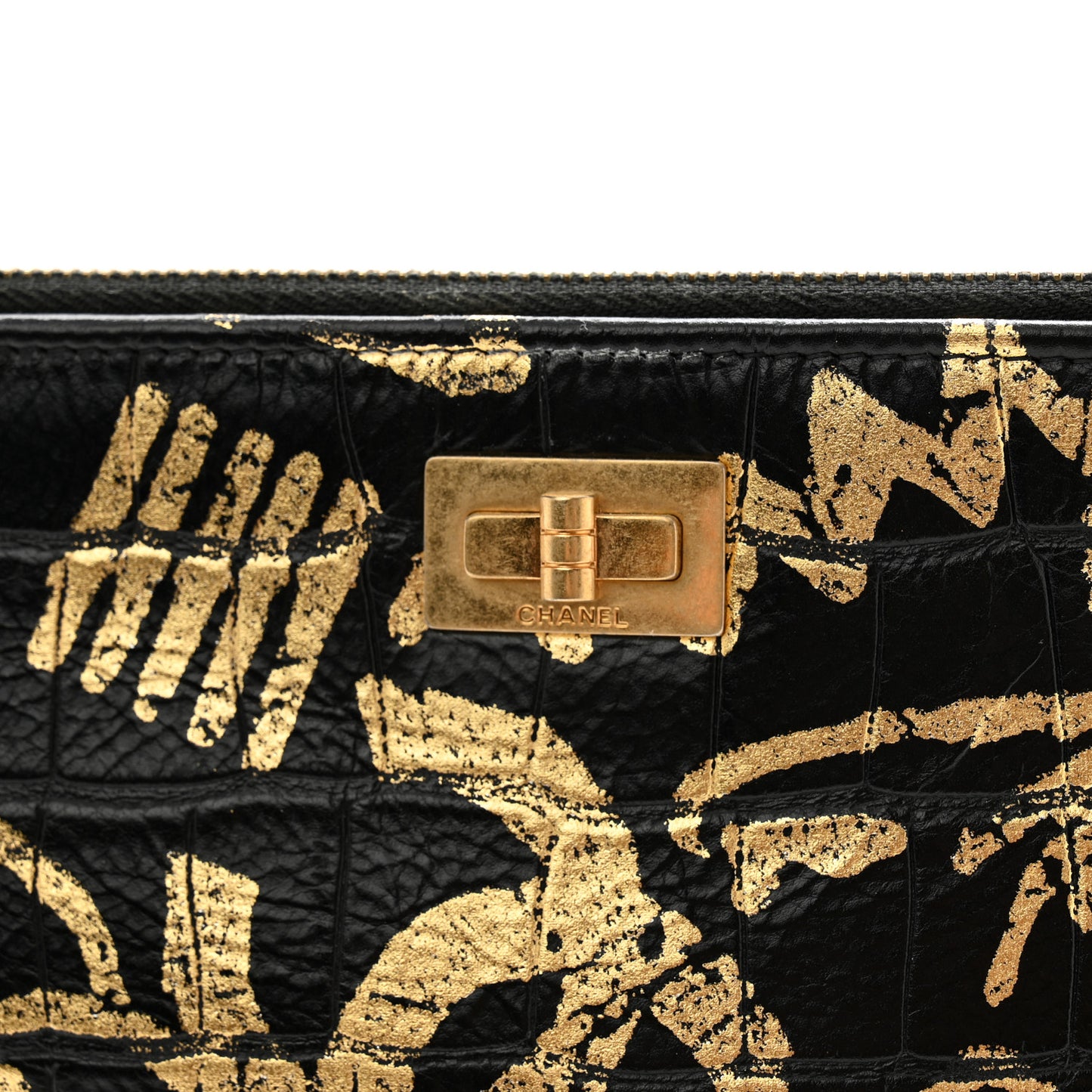 Calfskin Crocodile Embossed Graffiti 2.55 Large Cocodile Reissue Cosmetic Case Black Gold