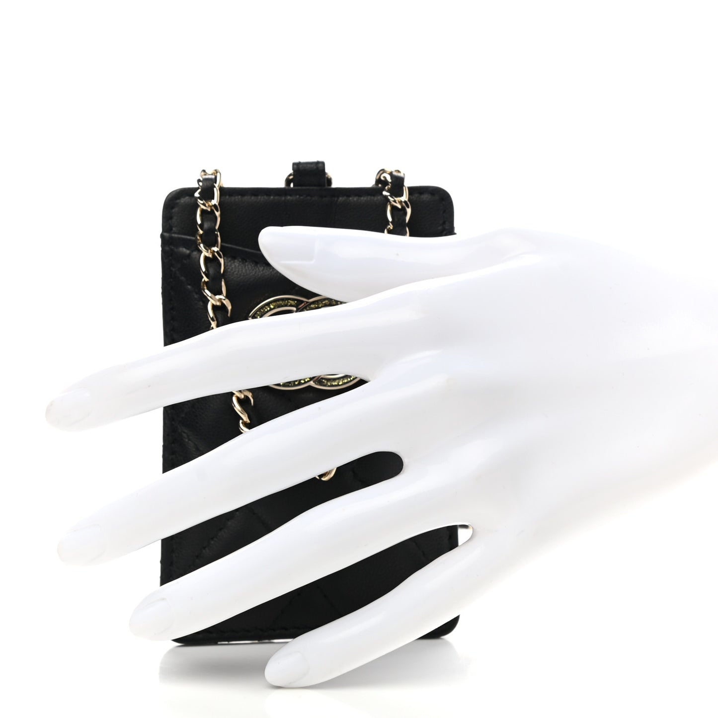 Lambskin Quilted Glitter Card Holder On Chain Black