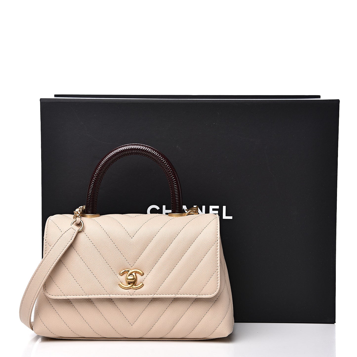 Caviar Lizard Embossed Chevron Quilted Mini Coco Handle Flap Beige