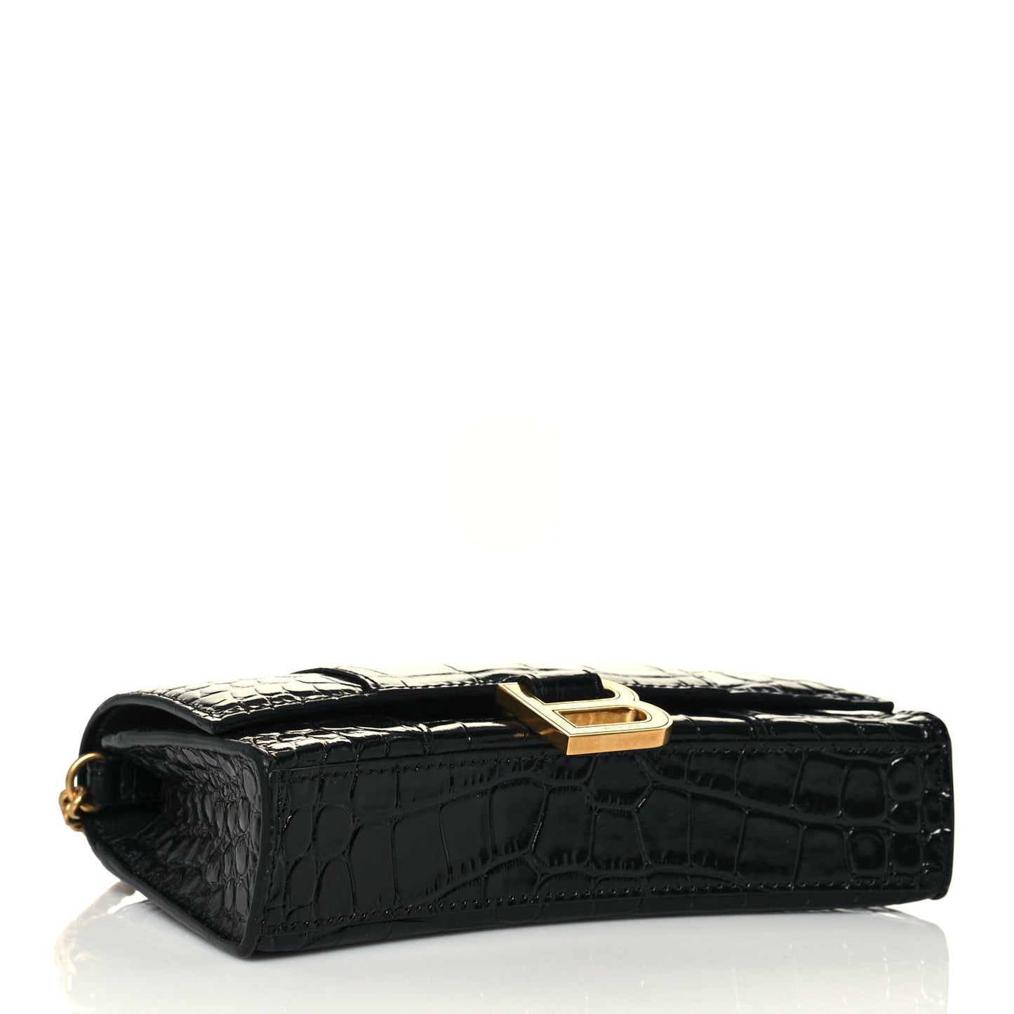 Shiny Calfskin Crocodile Embossed Hourglass Chain Bag Black