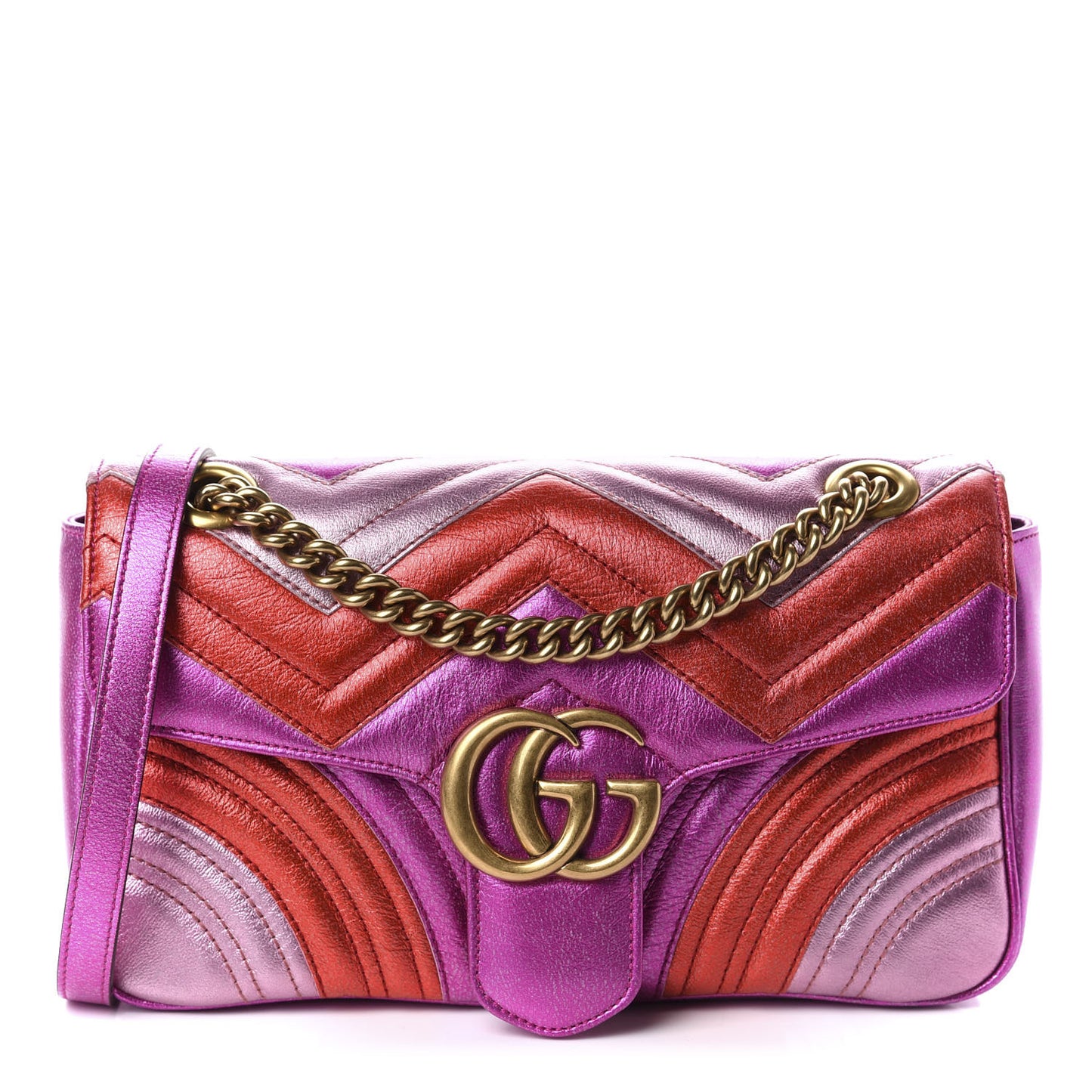 Metallic Calfskin Matelasse Small GG Marmont Shoulder Bag Fuchsia