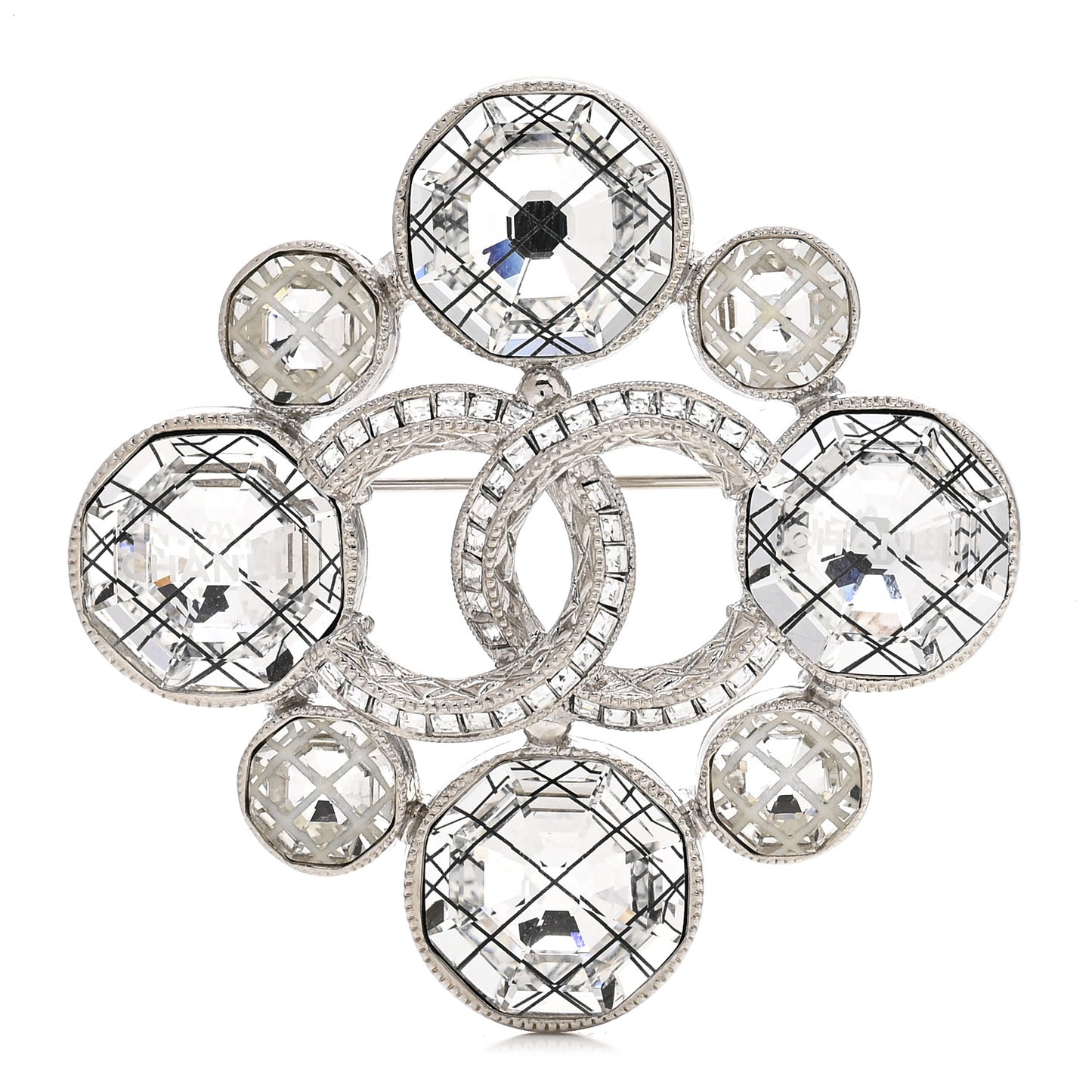 Crystal Large CC Quilted Logo Brooch Silver