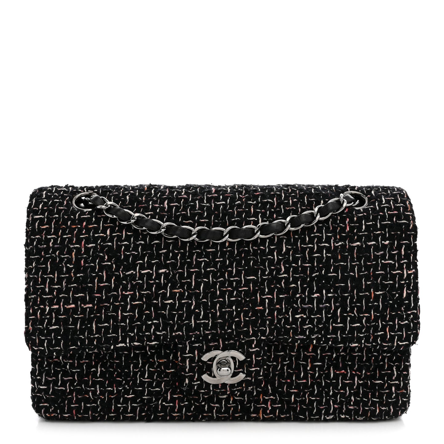 Tweed Quilted Medium Double Flap Black