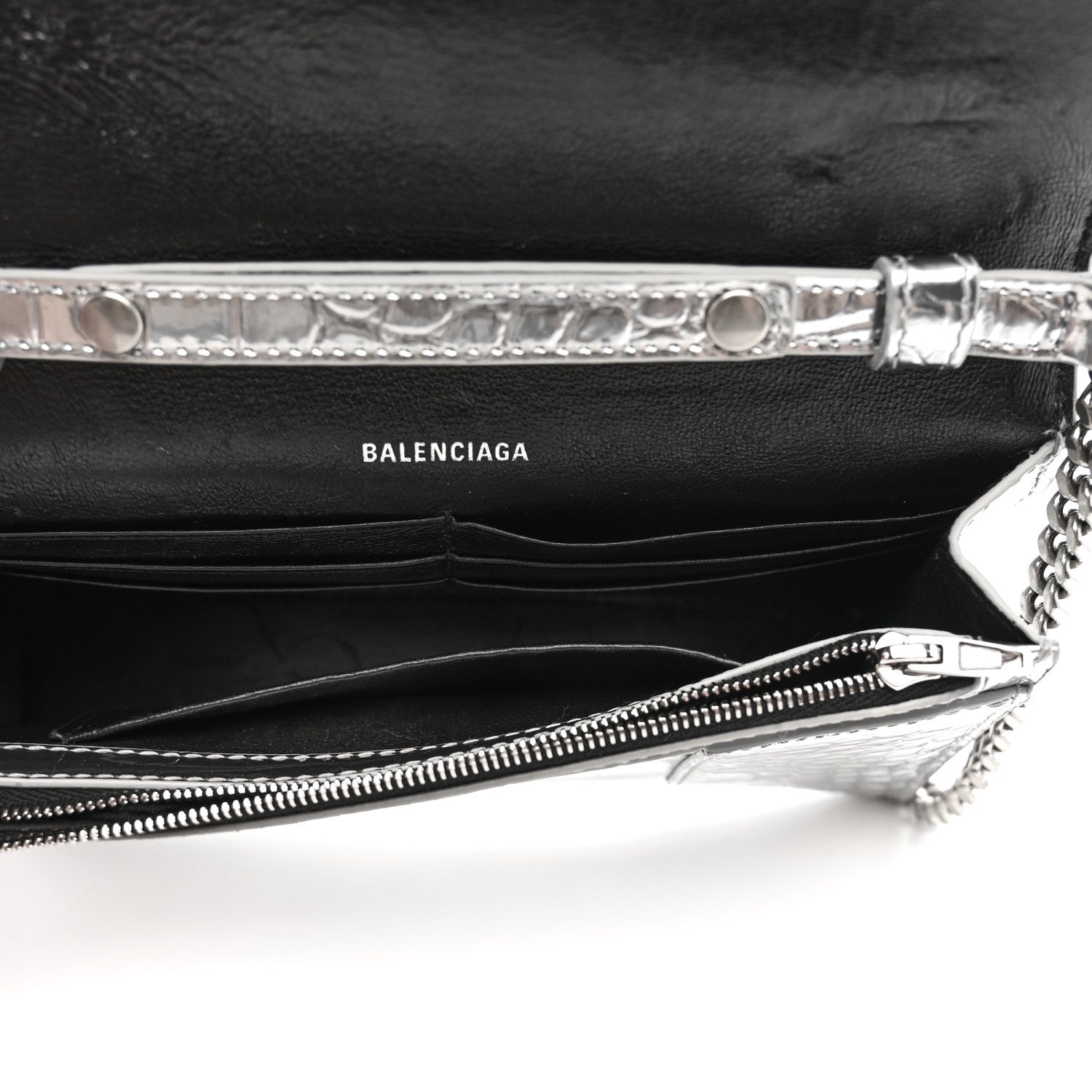 Balenciaga Metallic Calfskin Crocodile Embossed Hourglass Chain Bag Silver 10 of 13