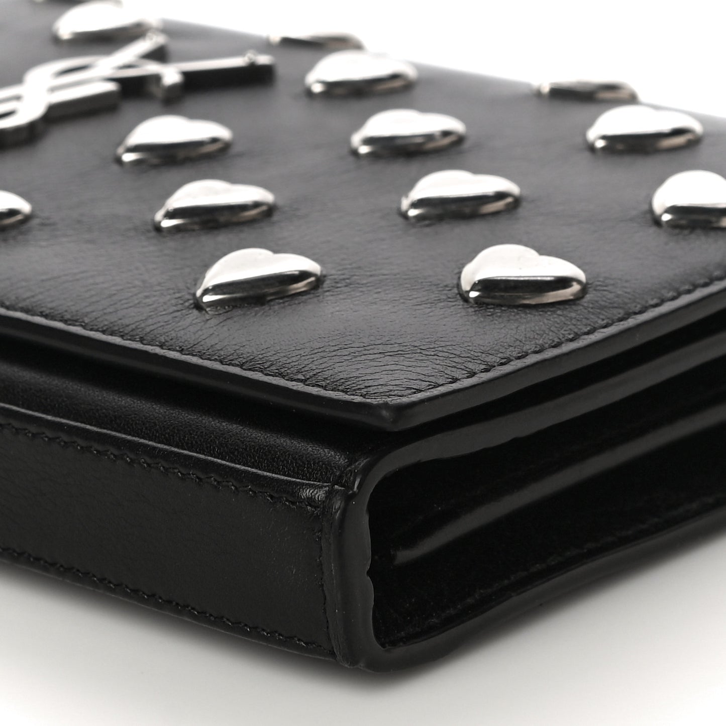 Calfskin Heart Studded Monogram Chain Wallet Black