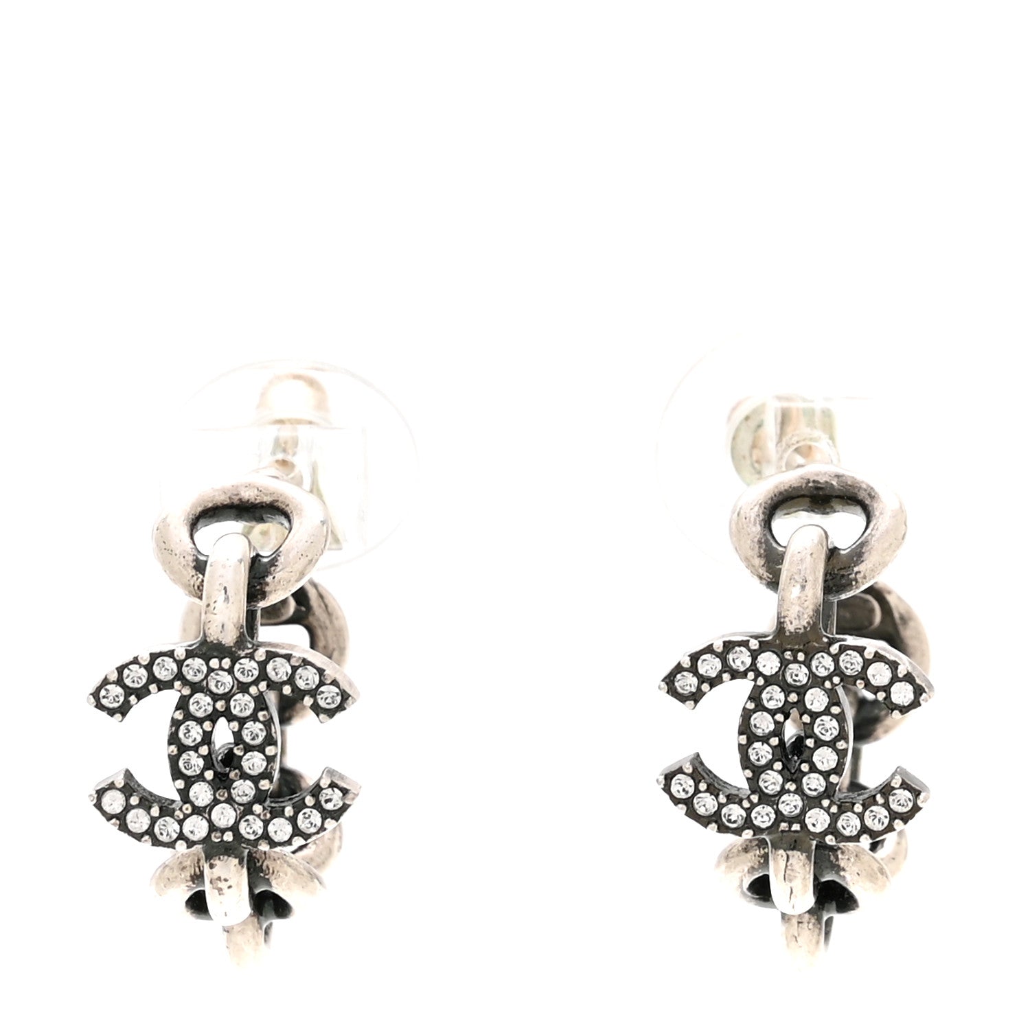 Chanel Crystal CC Chain Hoop Earrings Silver 1 of 5