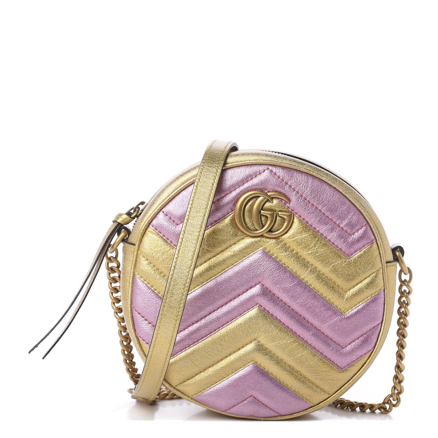 Metallic Calfskin Matelasse Mini GG Marmont Round Shoulder Bag Gold Pink