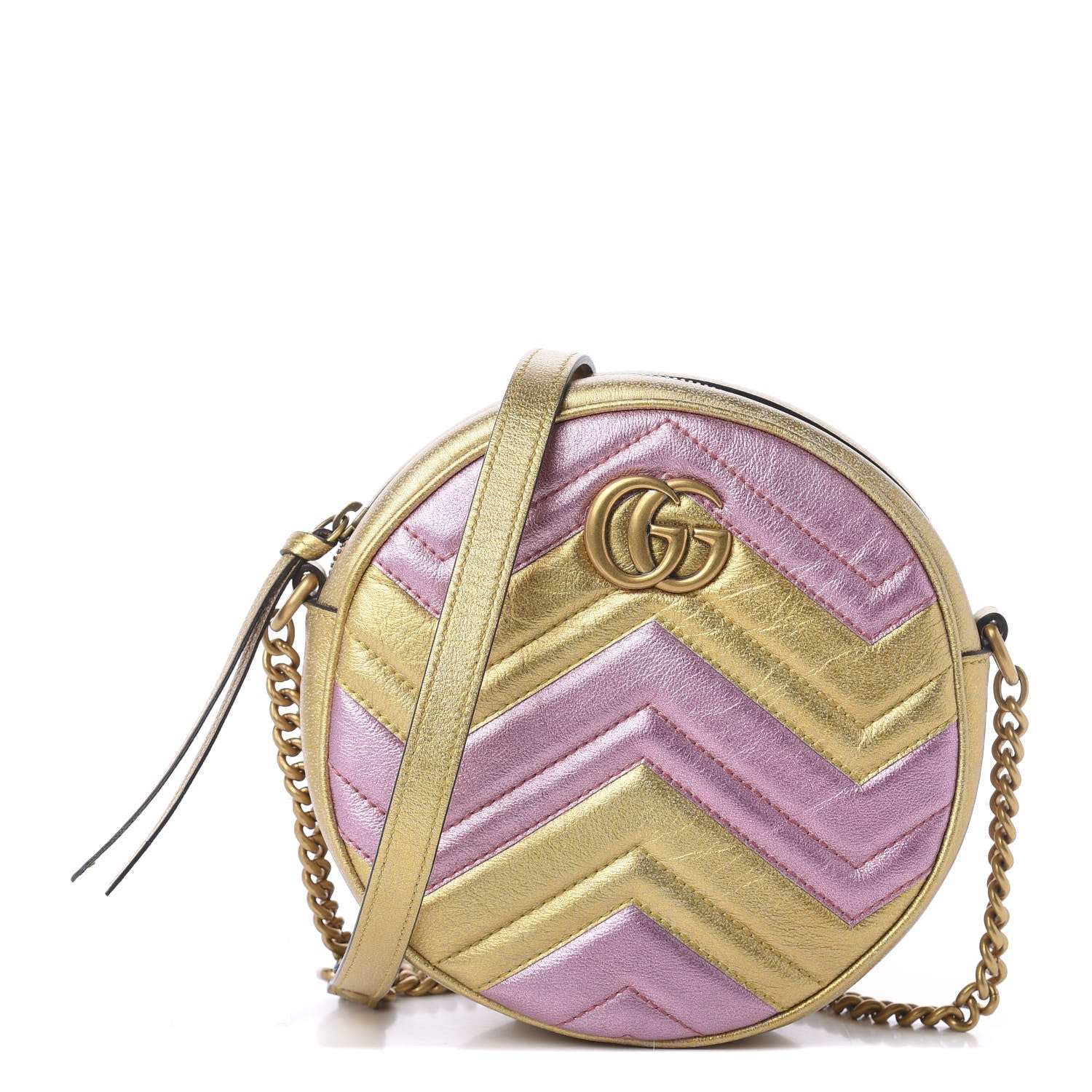 Gucci Metallic Calfskin Matelasse Mini GG Marmont Round Shoulder Bag Gold Pink 2 of 11