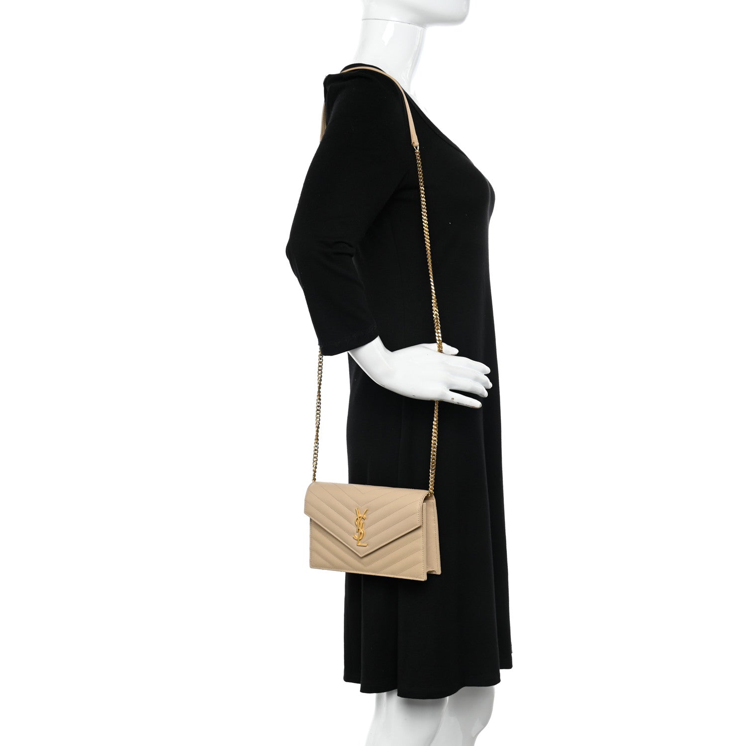Saint Laurent Grain De Poudre Matelasse Chevron Monogram Envelope Chain Wallet Nude Powder 2 of 12