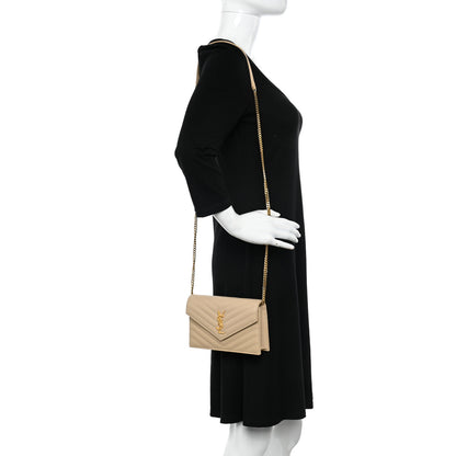 Saint Laurent Grain De Poudre Matelasse Chevron Monogram Envelope Chain Wallet Nude Powder 2 of 12