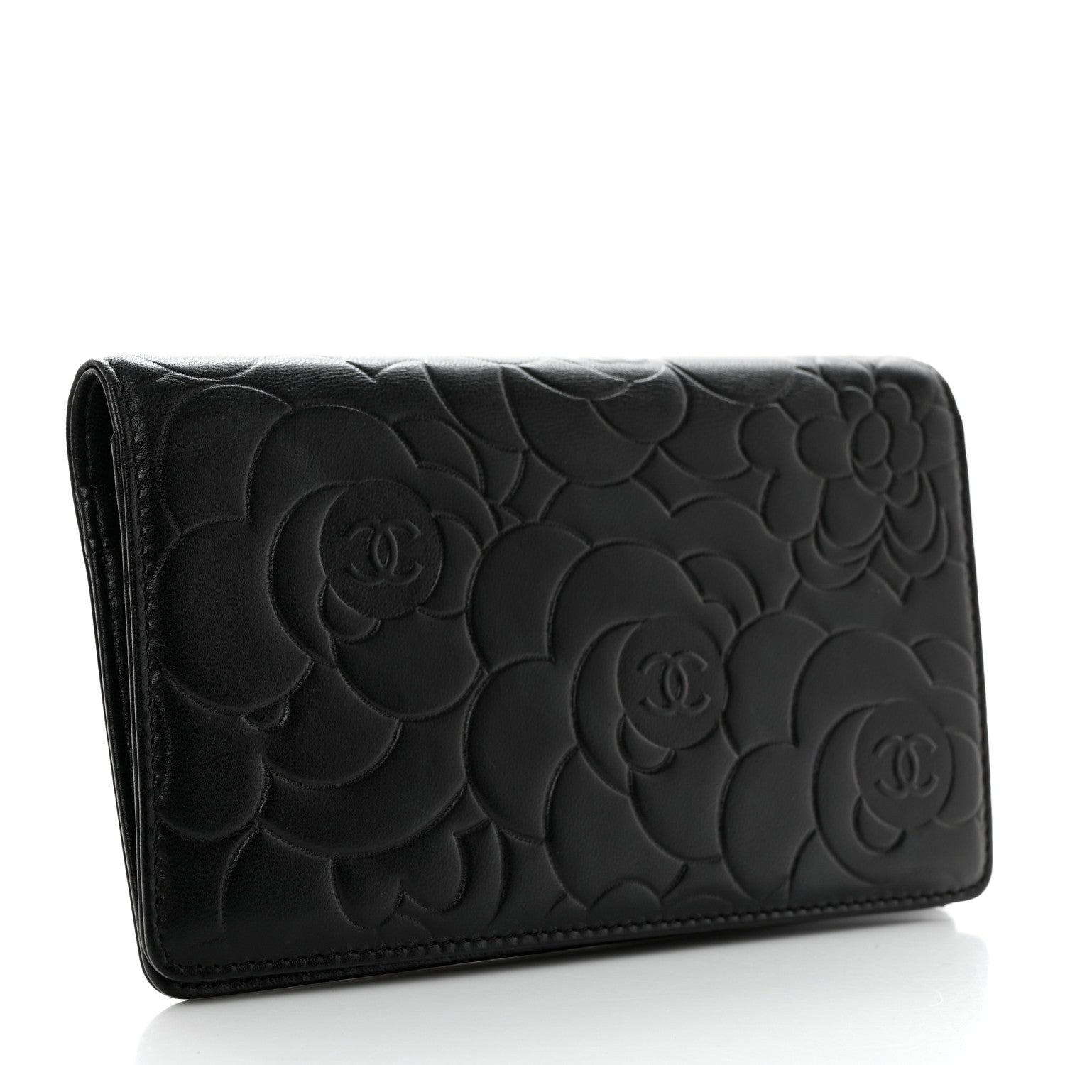 Chanel Lambskin Camellia Embossed Yen Wallet Black 3 of 7