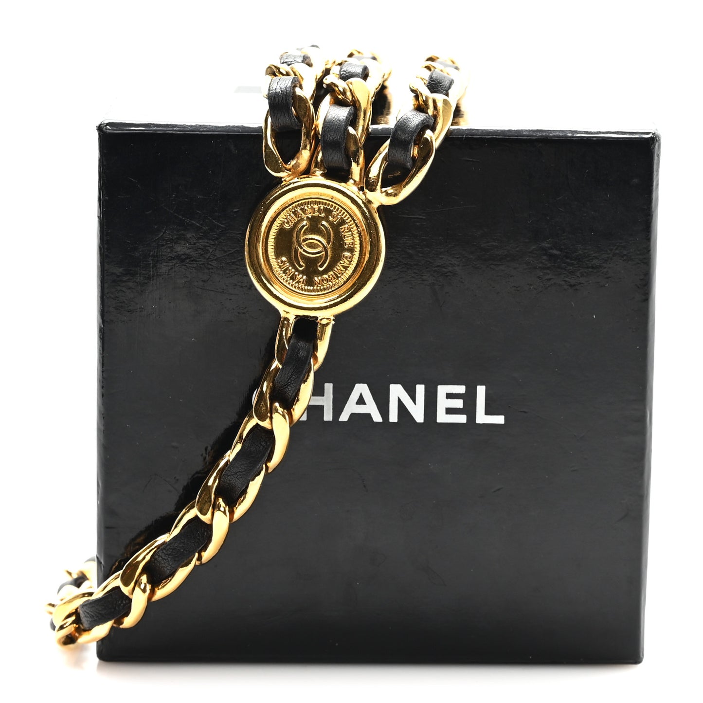 Lambskin Chain CC Medallion Belt Black Gold