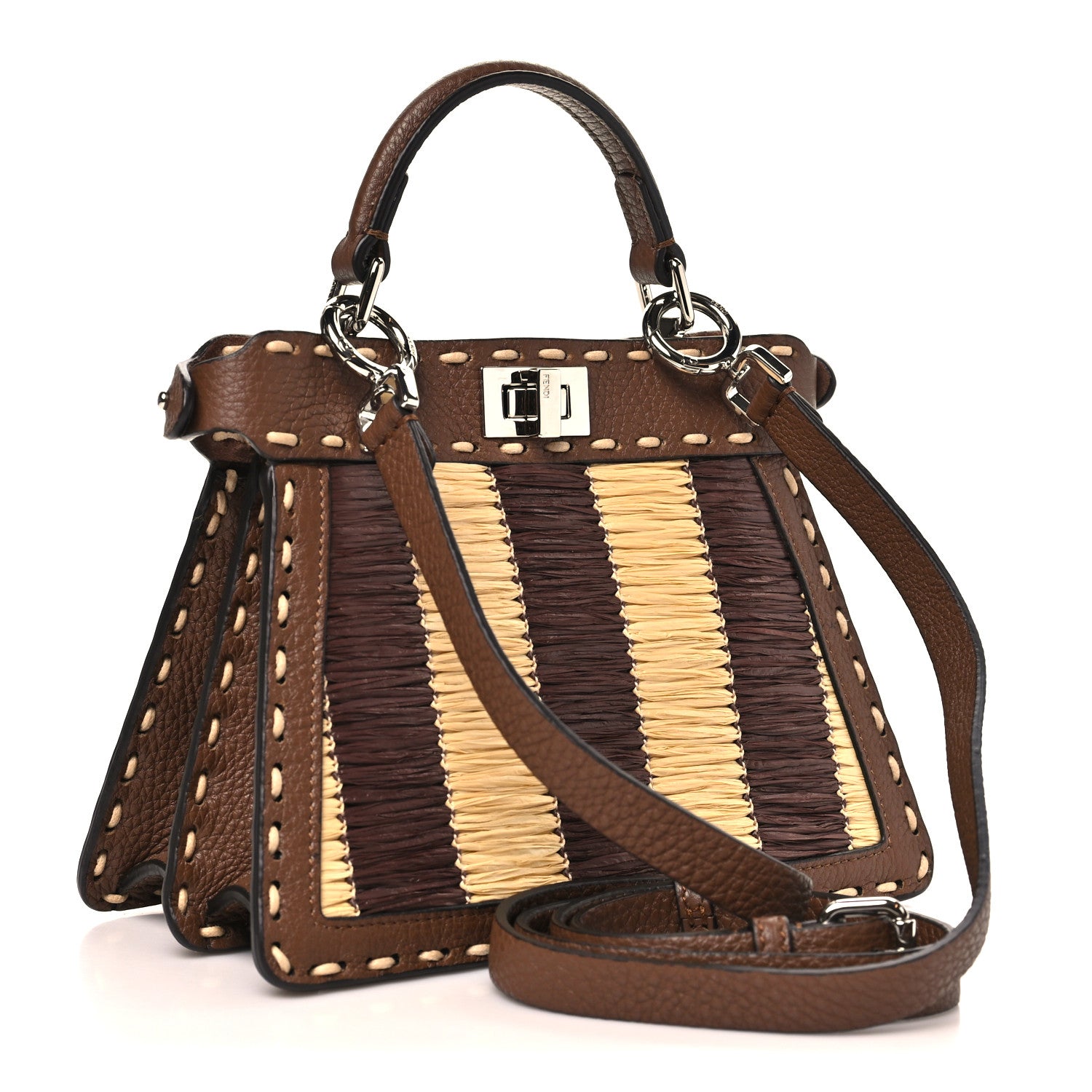Fendi Cuoio Romano Raffia Woven Petite Peekaboo I SEE U Satchel Natural Gianduia 3 of 9