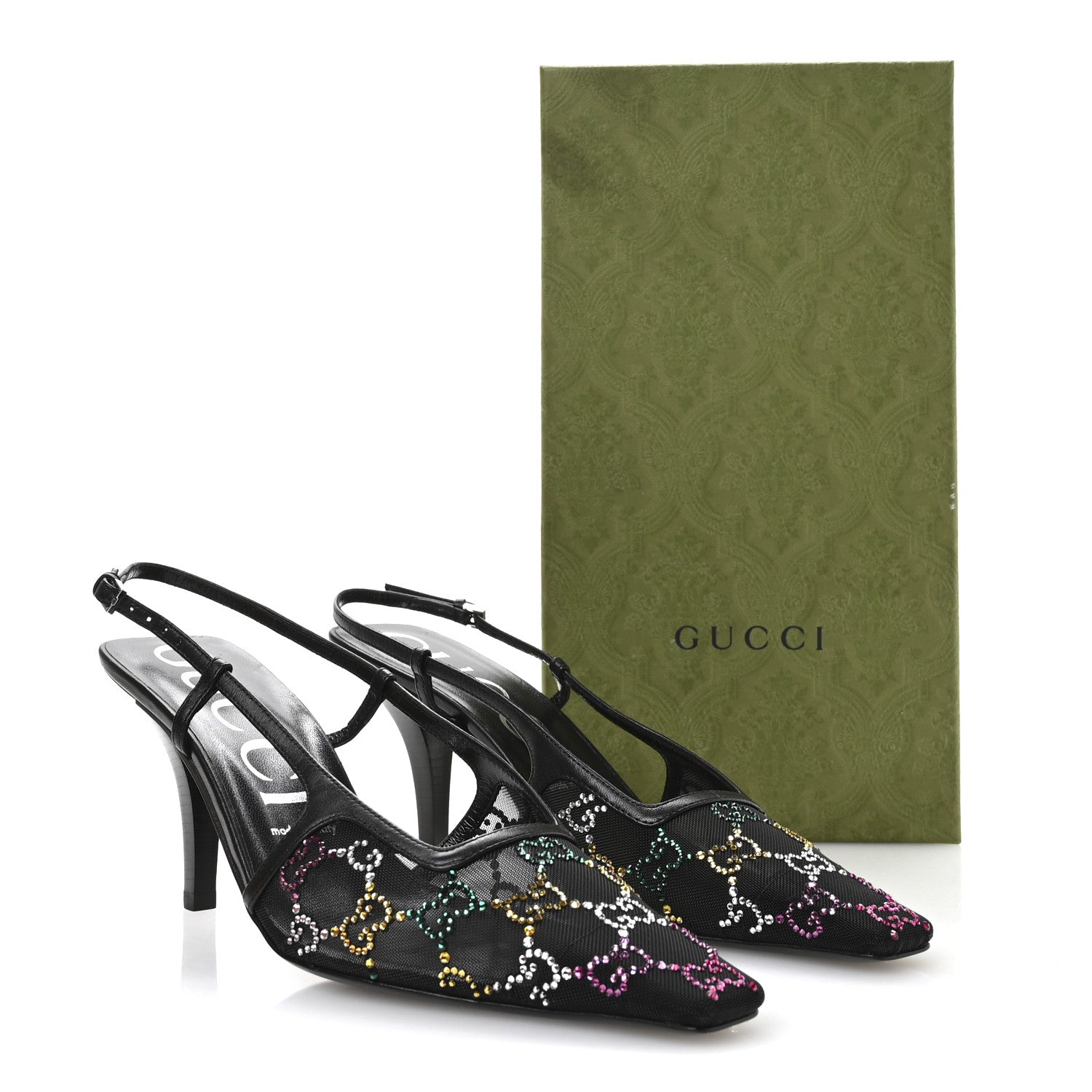 Gucci Tela Retino Nappa Charlotte Crystal GG Monogram Square G 75mm Slingback Pumps 39.5 Black 8 of 8