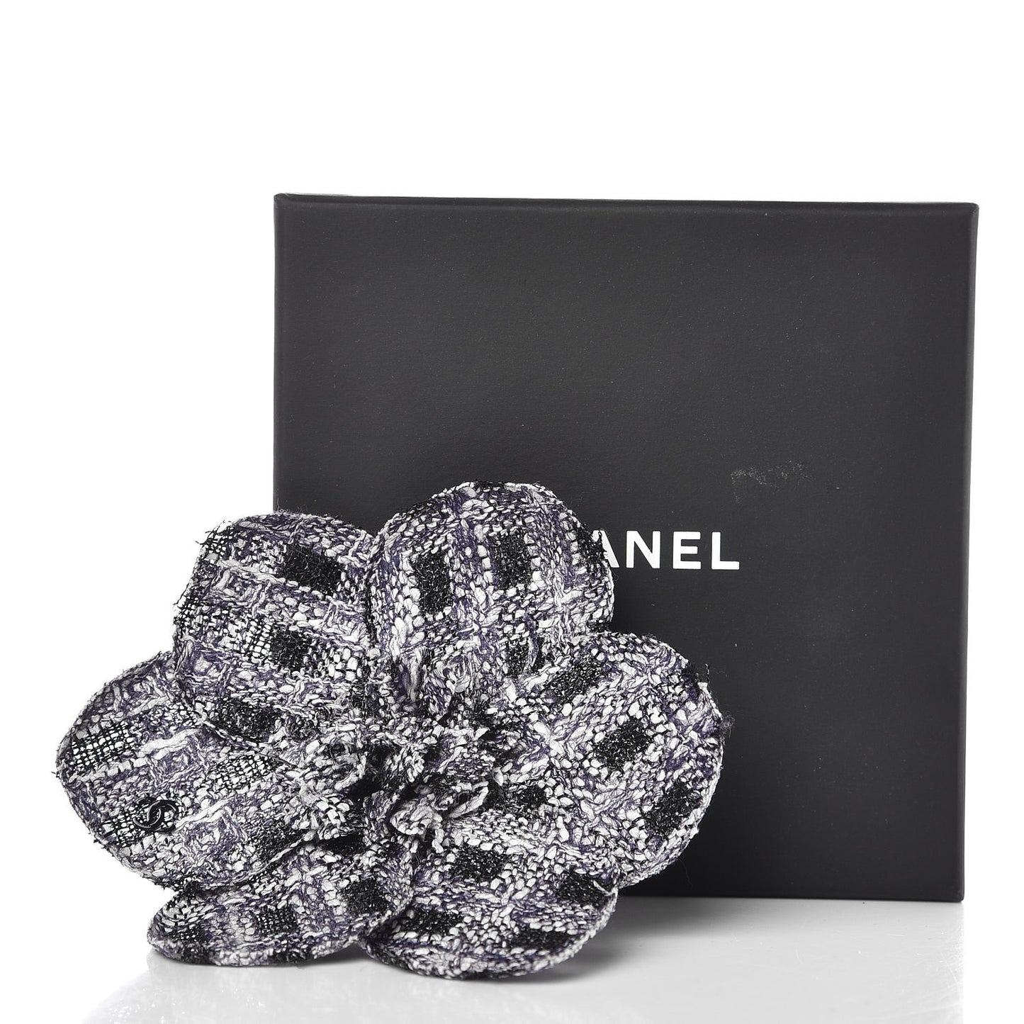Tweed Camellia Brooch Blue Ecru Black