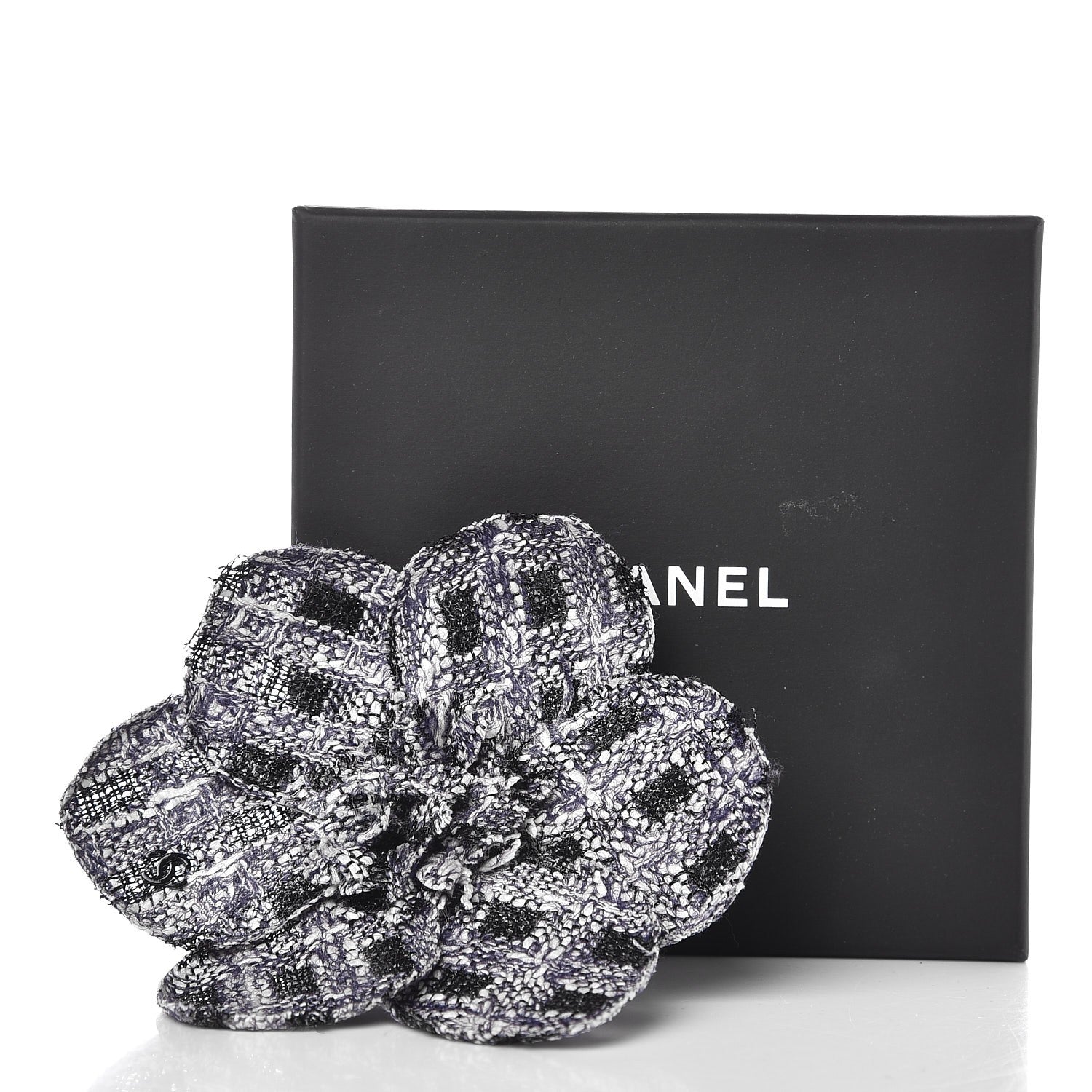 Chanel Tweed Camellia Brooch Blue Ecru Black 5 of 5