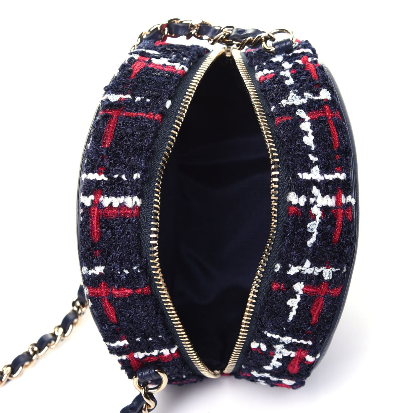 Tweed Quilted Round Filigree Clutch With Chain Navy Blue