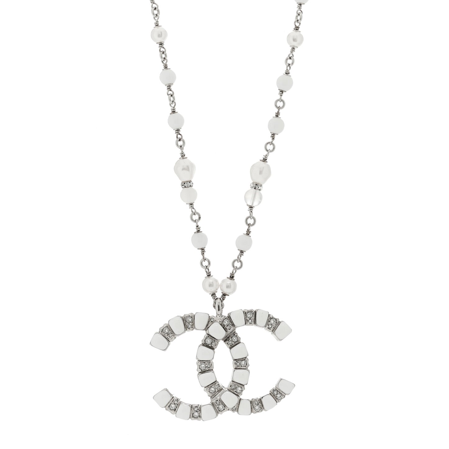 Pearl Resin Crystal Large CC Pendant Necklace Silver White