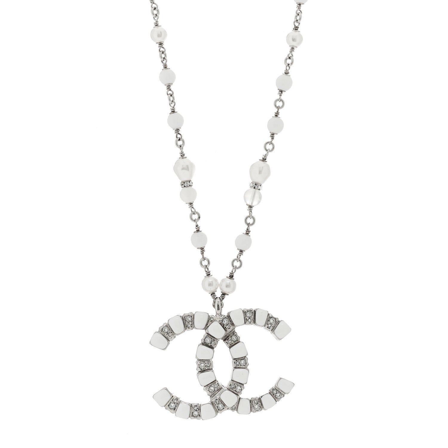 Chanel Pearl Resin Crystal Large CC Pendant Necklace Silver White 1 of 5