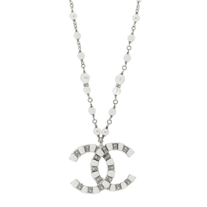 Chanel Pearl Resin Crystal Large CC Pendant Necklace Silver White 1 of 5