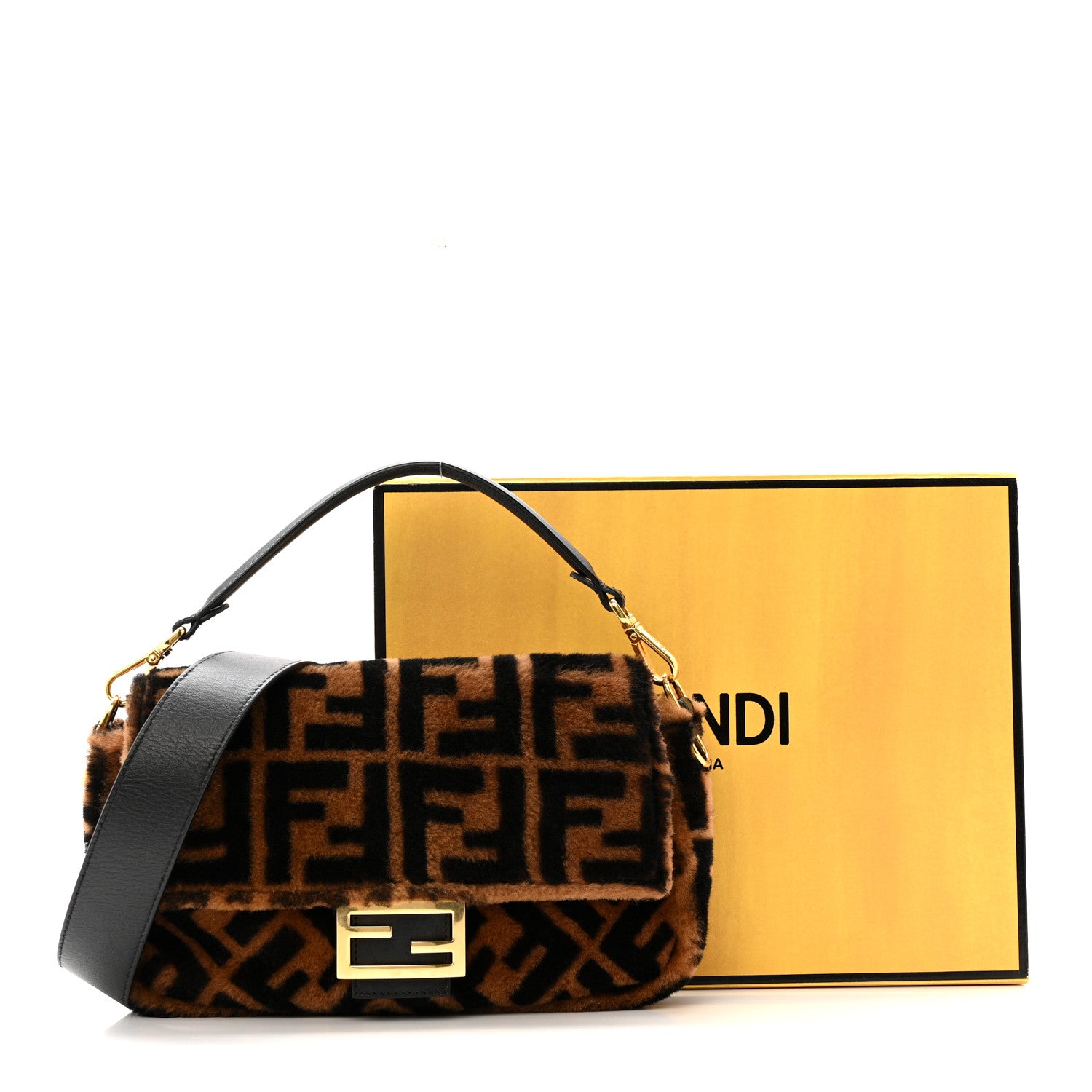 Fendi Shearling Vitello Dolce Macro FF 1974 Baguette Tobacco Black