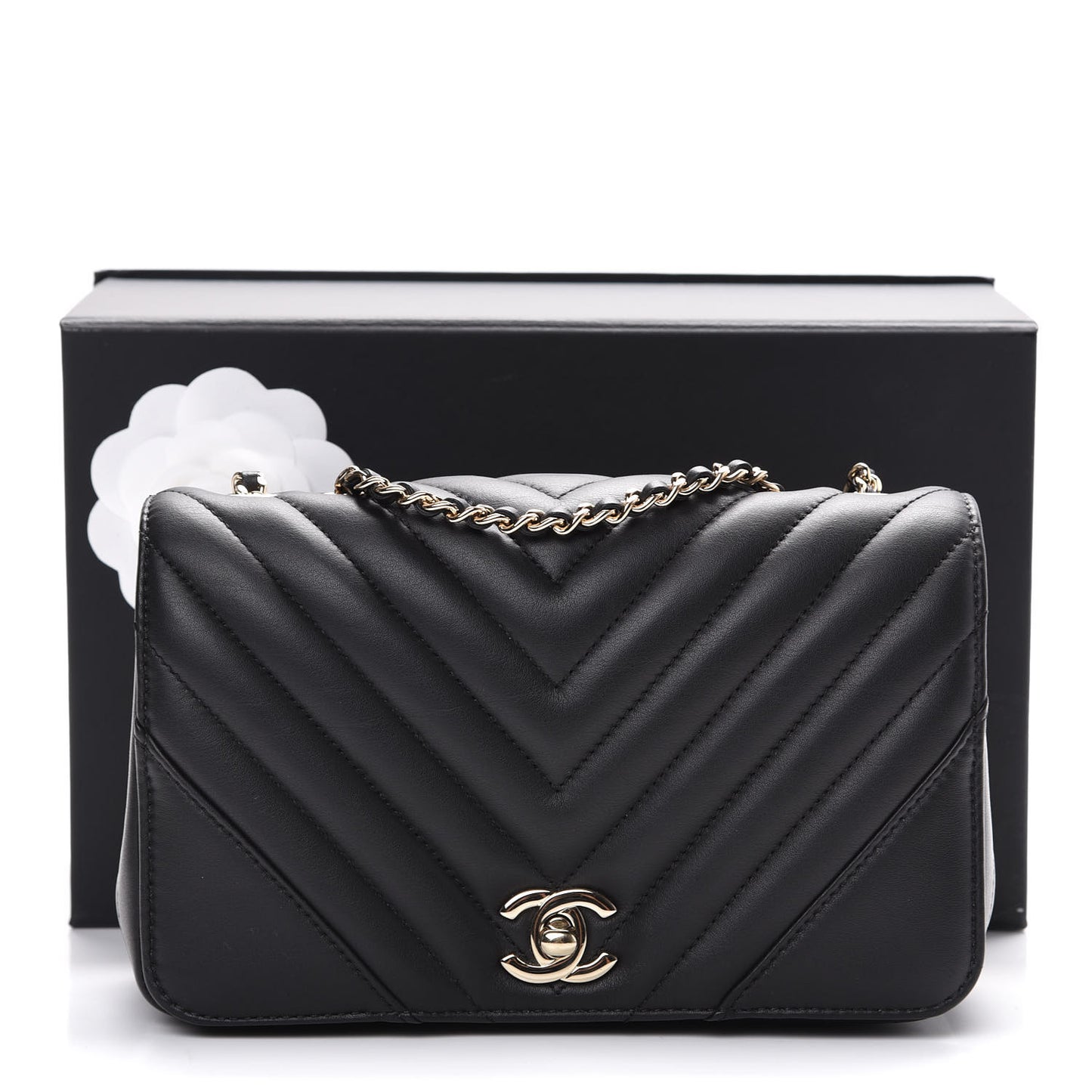 Calfskin Chevron Quilted Mini Statement Flap Black