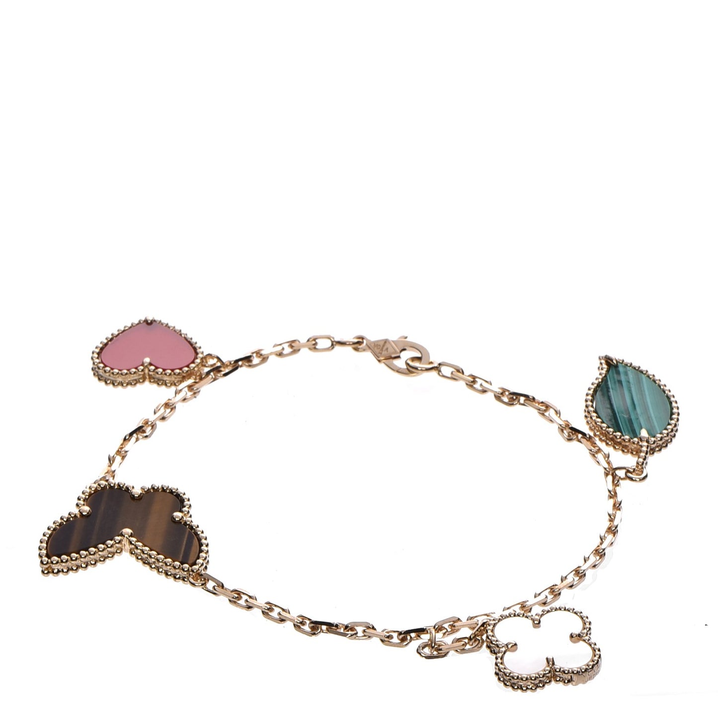 18K Yellow Gold Mother of Pearl Malachite Carnelian Tiger Eye 4 Motifs Lucky Alhambra Bracelet